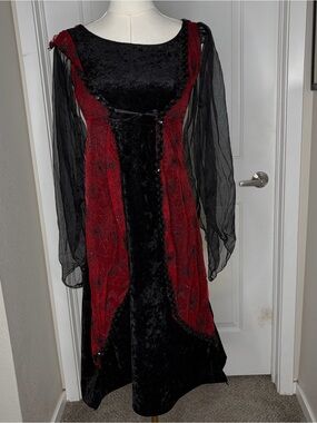 Black Red Velvet Spiderweb Wing Sleeve Maxi Dress Goth Size S Vampires